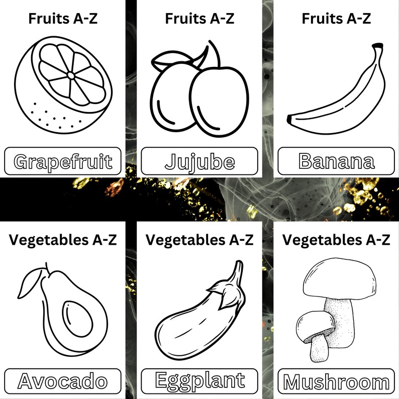 Puede incluir: Dibujos en blanco y negro de frutas y verduras. Las frutas son pomelo, azufaifo y pl&aacute;tano. Las verduras son aguacate, berenjena y champi&ntilde;&oacute;n.