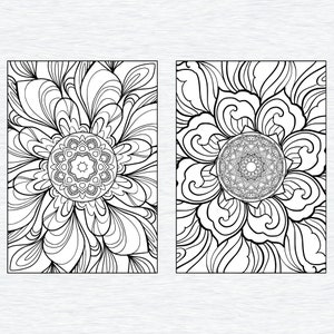 May include: Two black and white mandala designs with intricate floral patterns. The mandalas are surrounded by detailed floral designs.