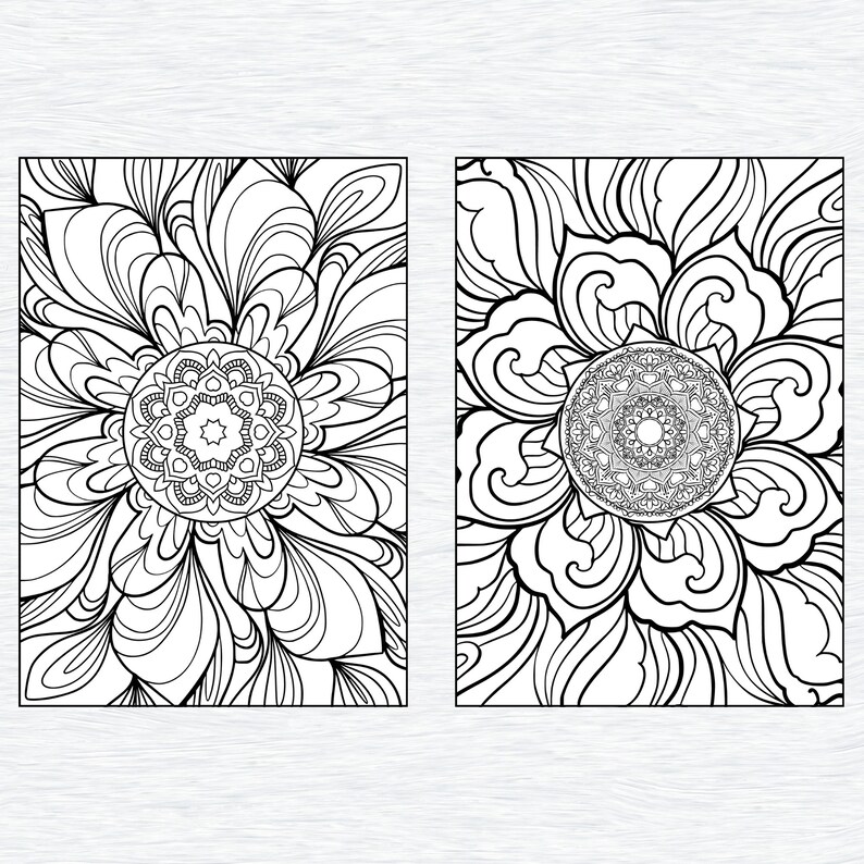 May include: Two black and white mandala designs with intricate floral patterns. The mandalas are surrounded by detailed floral designs.