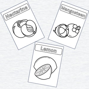 May include: Black and white line drawings of three fruits: a nectarine, a lemon, and a mangosteen. Each fruit is labeled with its name.