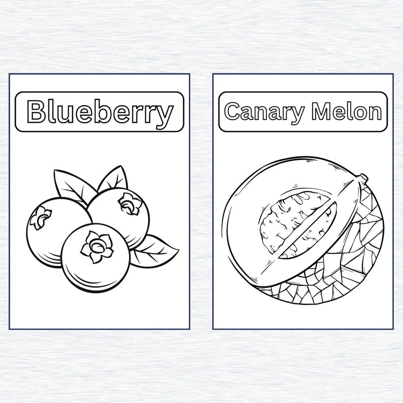 May include: A black and white line drawing of a blueberry and a canary melon. The blueberry is a cluster of three berries with leaves. The canary melon is a half-cut melon with a seed inside. The words "Blueberry" and "Canary Melon" are written above each fruit.