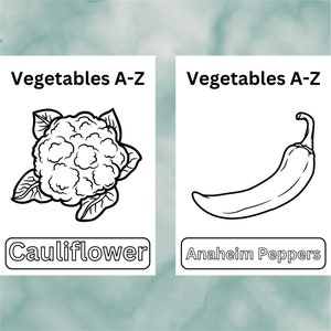 Puede incluir: Dos ilustraciones en blanco y negro de verduras. La primera imagen muestra una coliflor con el texto "Vegetables A-Z" y "Cauliflower". La segunda imagen muestra un pimiento Anaheim con el texto "Vegetables A-Z" y "Anaheim Peppers".