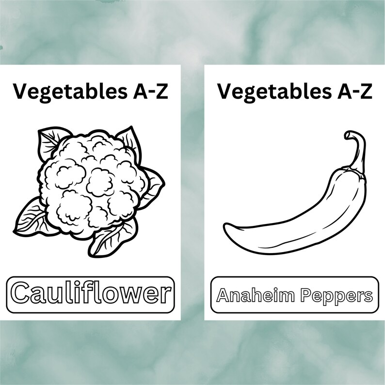 Puede incluir: Dos ilustraciones en blanco y negro de verduras. La primera imagen muestra una coliflor con el texto "Vegetables A-Z" y "Cauliflower". La segunda imagen muestra un pimiento Anaheim con el texto "Vegetables A-Z" y "Anaheim Peppers".