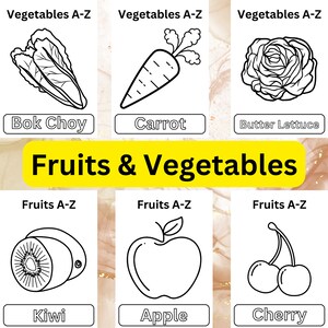 Puede incluir: Una ilustraci&oacute;n en blanco y negro de frutas y verduras. La imagen incluye un bok choy, una zanahoria, una lechuga mantecosa, un kiwi, una manzana y una cereza.