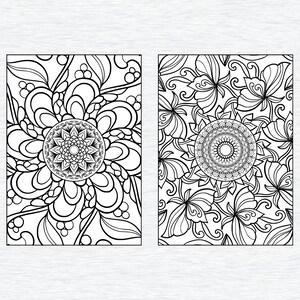 May include: Two black and white coloring pages featuring intricate floral designs with mandala patterns in the center.
