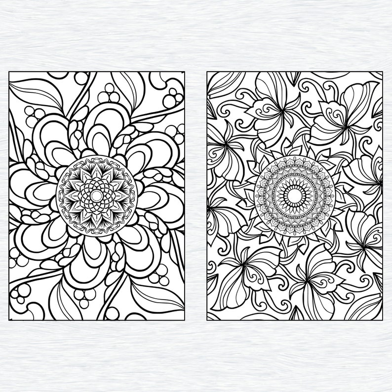 May include: Two black and white coloring pages featuring intricate floral designs with mandala patterns in the center.