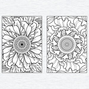May include: Two black and white coloring pages featuring intricate floral designs with mandala patterns in the center.