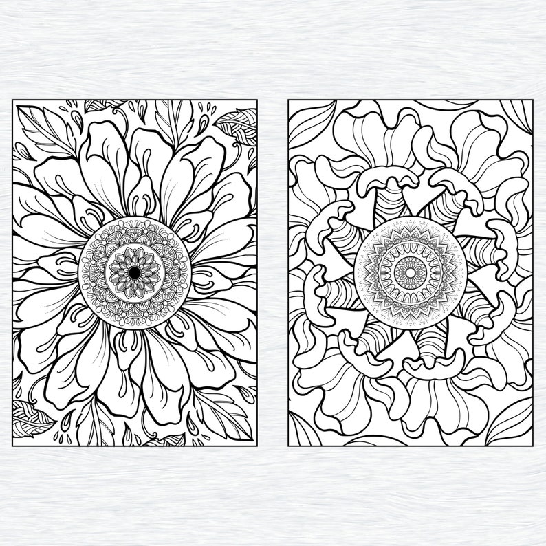 May include: Two black and white coloring pages featuring intricate floral designs with mandala patterns in the center.