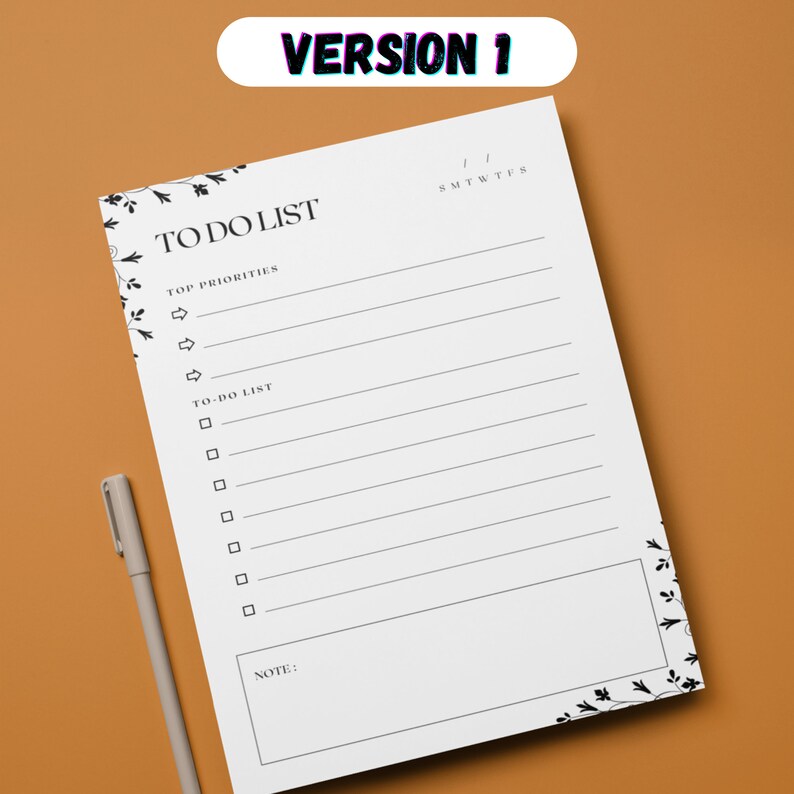 May include: A white to-do list printable with black floral accents and a section for top priorities and a to-do list. The printable also includes a section for notes and a calendar section for the days of the week.
