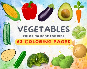 May include: A colorful illustration of various vegetables, including corn, bell pepper, eggplant, avocado, carrot, peas, potato, cucumber, broccoli, cabbage, and onion. The text "VEGETABLES COLORING BOOK FOR KIDS 63 COLORING PAGES" is displayed on the image.