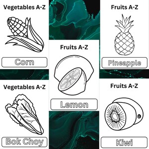 Puede incluir: Dibujos en blanco y negro de frutas y verduras. Las frutas son pi&ntilde;a, lim&oacute;n y kiwi. Las verduras son ma&iacute;z y bok choy. Las palabras "Frutas A-Z" y "Verduras A-Z" est&aacute;n en la parte superior de cada columna. Las palabras "Ma&iacute;z", "Pi&ntilde;a", "Lim&oacute;n", "Kiwi" y "Bok choy" est&aacute;n debajo de cada imagen.