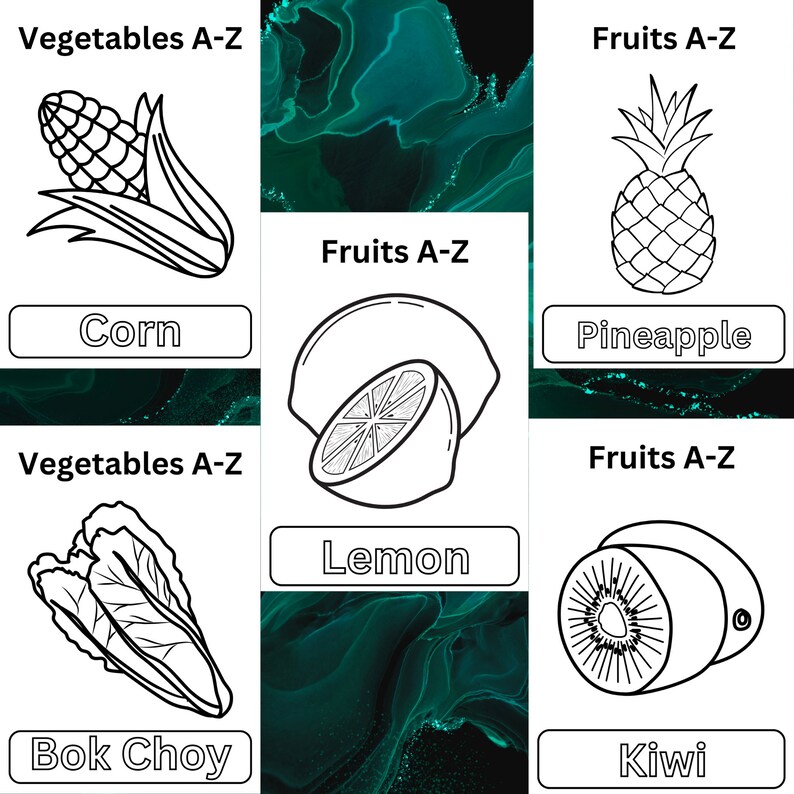 Puede incluir: Dibujos en blanco y negro de frutas y verduras. Las frutas son pi&ntilde;a, lim&oacute;n y kiwi. Las verduras son ma&iacute;z y bok choy. Las palabras "Frutas A-Z" y "Verduras A-Z" est&aacute;n en la parte superior de cada columna. Las palabras "Ma&iacute;z", "Pi&ntilde;a", "Lim&oacute;n", "Kiwi" y "Bok choy" est&aacute;n debajo de cada imagen.
