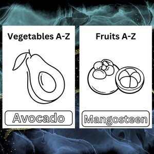Puede incluir: Ilustraciones en blanco y negro de un aguacate y un mangost&aacute;n. Las ilustraciones est&aacute;n etiquetadas como "Avocado" y "Mangosteen" con los encabezados "Vegetables A-Z" y "Fruits A-Z" encima.