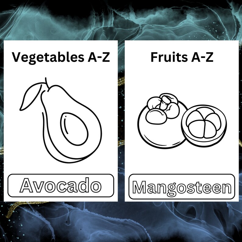 Puede incluir: Ilustraciones en blanco y negro de un aguacate y un mangost&aacute;n. Las ilustraciones est&aacute;n etiquetadas como "Avocado" y "Mangosteen" con los encabezados "Vegetables A-Z" y "Fruits A-Z" encima.