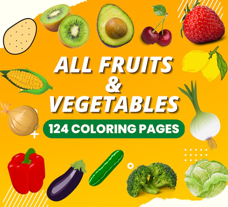 Puede incluir: Una ilustraci&oacute;n colorida de frutas y verduras, incluyendo un pimiento rojo, un pepino verde, una berenjena morada, un aguacate verde, una fresa roja, un lim&oacute;n amarillo, una cebolla verde, una cebolla marr&oacute;n, un br&oacute;coli verde, una col verde, una mazorca de ma&iacute;z amarilla, un kiwi verde, una cereza roja y una patata blanca. El texto "ALL FRUITS & VEGETABLES 124 COLORING PAGES" se muestra en verde y blanco.