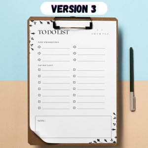 May include: A white to-do list on a clipboard with a brown background. The list is divided into two sections: "Top Priorities" and "To-Do List". Each section has a series of checkboxes and lines for writing tasks. The clipboard has a floral design on the edges.
