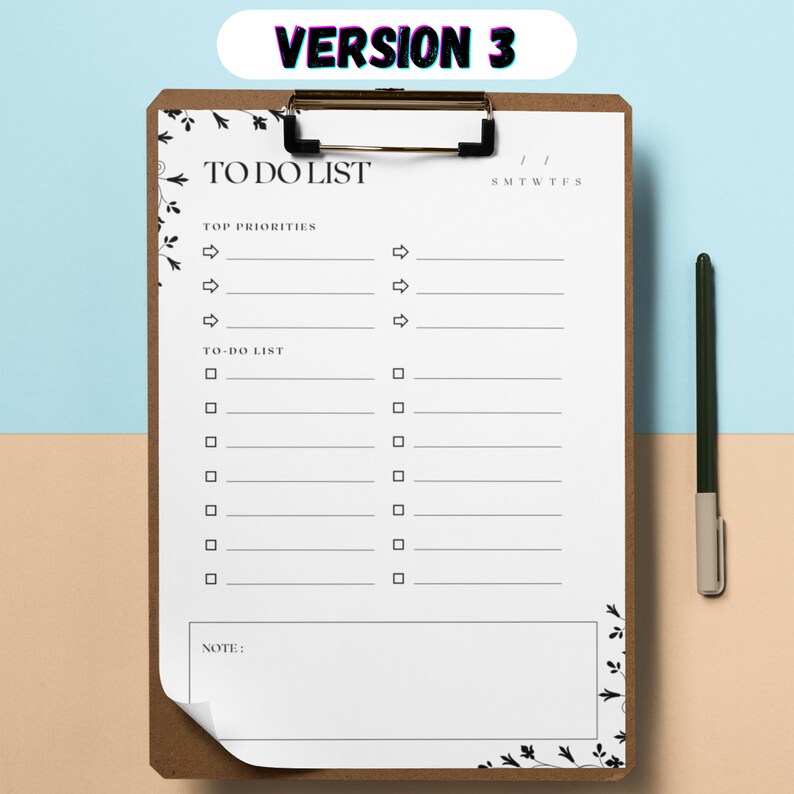 May include: A white to-do list on a clipboard with a brown background. The list is divided into two sections: "Top Priorities" and "To-Do List". Each section has a series of checkboxes and lines for writing tasks. The clipboard has a floral design on the edges.