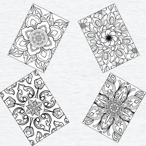 May include: Four black and white mandala designs with intricate floral patterns. Each design is unique and features a central flower surrounded by swirling lines and shapes.