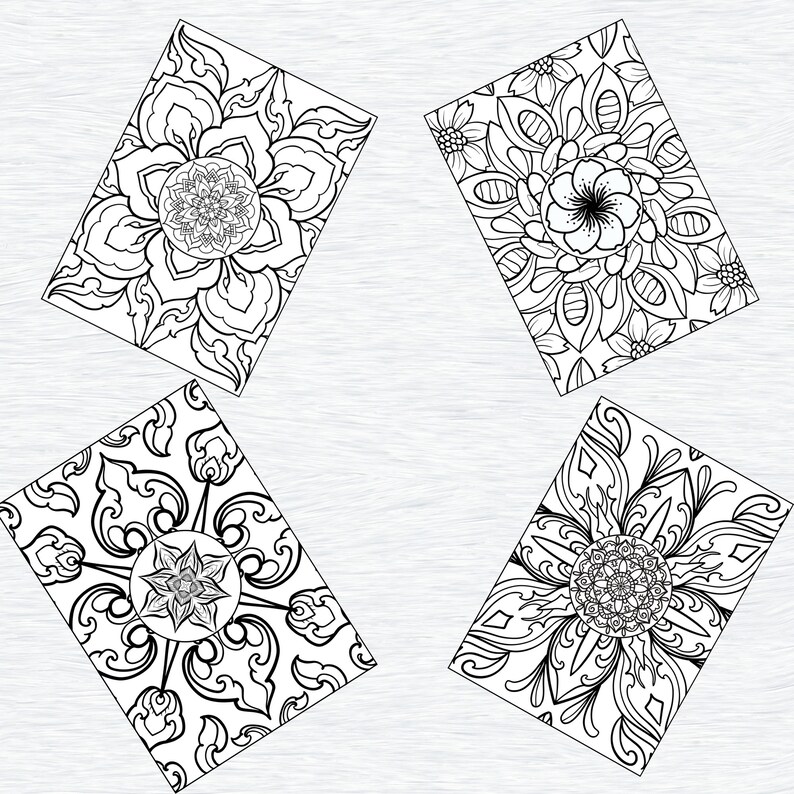 May include: Four black and white mandala designs with intricate floral patterns. Each design is unique and features a central flower surrounded by swirling lines and shapes.