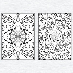 May include: Two black and white coloring pages featuring intricate mandala designs. The first page features a large mandala with a floral pattern. The second page features a smaller mandala surrounded by a floral pattern.