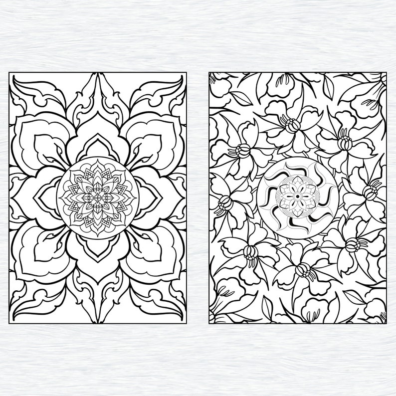 May include: Two black and white coloring pages featuring intricate mandala designs. The first page features a large mandala with a floral pattern. The second page features a smaller mandala surrounded by a floral pattern.