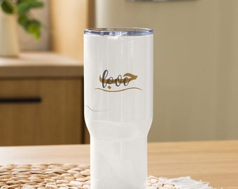 Travel mug with handle - Love حب | unique Arabic design | coffee mug | 740 ml capacity