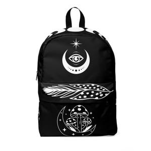 Black Mushroom derde oog klassieke unisex rugzak, maanveren tattoo geïnspireerd ontwerp, witte afbeeldingen, rugzak voor reizigers, festival