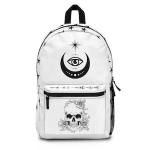 タトゥー風バックパック、スカルローズ、月、星、第三の目、ゴシックバッグ、オルタナティブスタイル、パンクリュックサック、グランジナップサック、ヘビーメタル。
