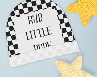 Rad Little Dude Baby Beanie, black and white theme, checkerboard theme, baby nursery, cute kids&#39; clothes, baby clothes, infant clothes