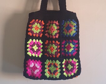 Granny Square Black Bag, Crochet Black Shoulder Bag, Knit Colorful Summer Bag, Shopping Bag, Large Market Bag, Gift for Her