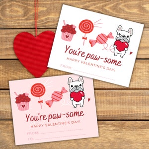 Cartões de Dia dos Namorados Bulldog Francês para Imprimir | Frenchie Dog Love Candy | Rosa Branco DYI School | Versões From e To/From | Download Instantâneo