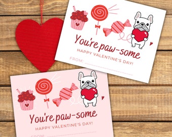 Printable French Bulldog Valentine&#39;s Cards | Frenchie Dog Love Candy | Pink White DYI School  | From and To/From Versions | Instant Download