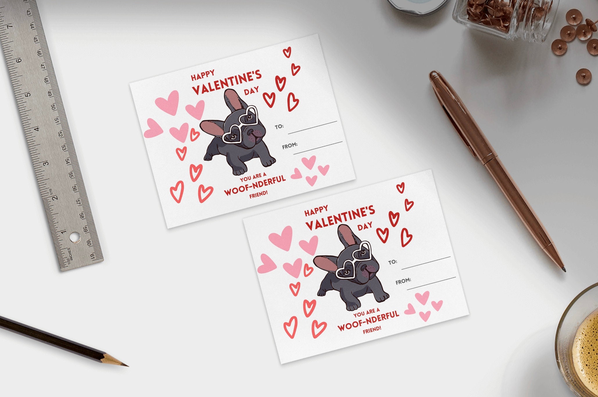 Printable To From Valentine's Day Frenchie Card with Cute Glasses French Bulldog DIY Dogs Hearts School - Frenchies Pets Hearts