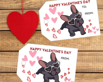 Cute Frenchie Valentine&#39;s DYI Tags with Glasses Design | French Bulldog Pet | Heart | Matching Printable Labels | Instant Download | School