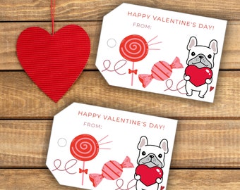 Printable Frenchie Sweet Valentine&#39;s Gift Tags |  Candy Bag Labels | DIY Cute French Bulldog Dogs Pet Tags | Instant Download