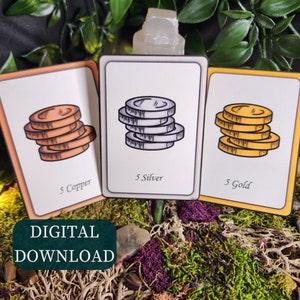 Monnaie immersive - Compatible DnD 5e | Cartes de pièces de monnaie en cuivre, argent et or | Cartes d'articles | Téléchargement numérique