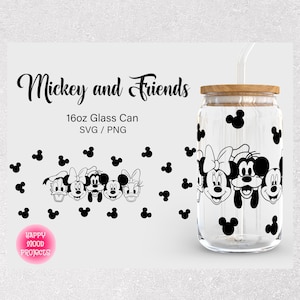 Mickeey and Friends - Lata de vidrio de 16 oz Libbey Svg, envoltura de lata de vidrio Svg, lata de cerveza Svg Png, cristalería Svg, lata de vidrio para café, Cricut