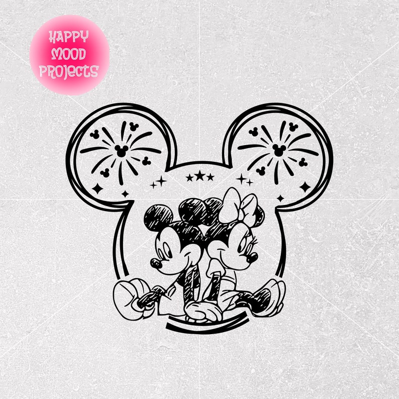 May include: Black and white illustration of Mickey and Minnie Mouse sitting back-to-back, within a Mickey Mouse head outline. Fireworks and stars are drawn around the ears. The text "HAPPY MOOD PROJECTS" is in a pink circle in the upper left.