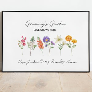 Jardín de la abuela personalizado con flores del mes de nacimiento en acuarela Jpeg Png Pdf, descarga instantánea, regalo de Navidad, regalo familiar imprimible
