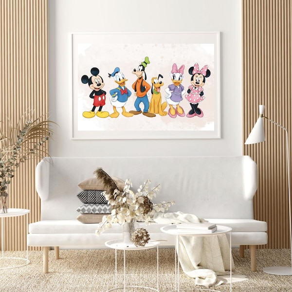 May include: A framed print featuring a watercolor-style illustration of Mickey Mouse, Donald Duck, Goofy, Pluto, Daisy Duck, and Minnie Mouse. The characters are in their classic outfits, with a soft, pastel background.