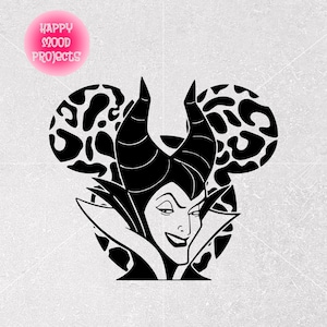 May include: A black and white graphic featuring a Disney villain with horns, integrated into a Mickey Mouse silhouette. The ears have a leopard print design. The image includes the text "HAPPY MOOD PROJECTS" in a pink circle.