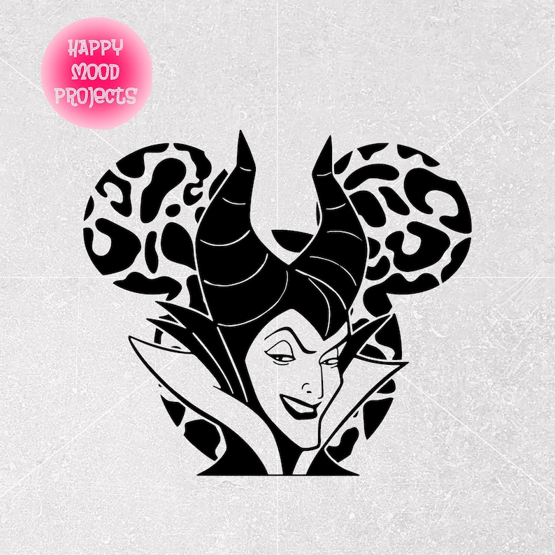 May include: A black and white graphic featuring a Disney villain with horns, integrated into a Mickey Mouse silhouette. The ears have a leopard print design. The image includes the text "HAPPY MOOD PROJECTS" in a pink circle.
