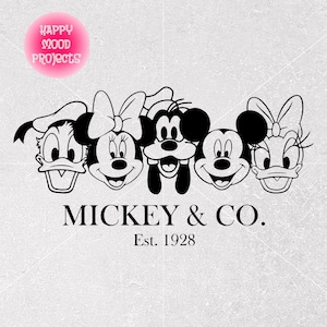 May include: Black and white illustration of Mickey Mouse, Minnie Mouse, Donald Duck, and Goofy. The characters are smiling and have large eyes. The text "Mickey & Co. Est. 1928" is below the characters.