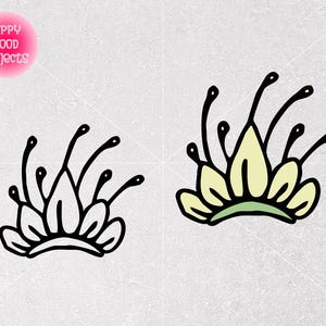 May include: Two illustrations of a stylized flower. One is a black outline, the other is colored with yellow petals and a green base. The image includes a pink circle with the text "HAPPY MOOD PROJECTS".