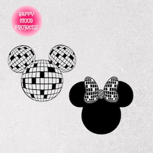 May include: Black and white silhouette of Mickey Mouse and Minnie Mouse with a disco ball design.