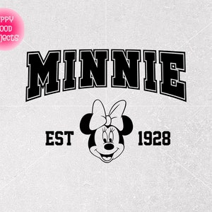 May include: Black and white graphic design featuring Minnie Mouse with the text "MINNIE EST 1928".