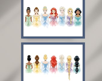 Aquarell Prinzessin Png, Aquarell Prinzessin Kinderzimmer Druck, Geburtstagsgeschenk, Vorder und Rückkarte (Digitaler Download)