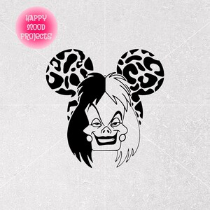 May include: Black and white graphic of a character with a split hairstyle and a sinister smile, set within a Mickey Mouse ear silhouette. The ears feature a dalmatian print. A pink circle with the text "HAPPY MOOD PROJECTS" is in the upper left.