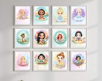 May include: A collection of twelve framed watercolor prints featuring various Disney princess characters. Each print showcases a different princess in a cute, stylized design, with soft pastel backgrounds. The prints are arranged in a grid on a white wall.