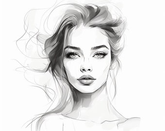 Line Art Beautiful Ladies Portraits, 18 Digital Images Set, PNG Format, Ready to Download